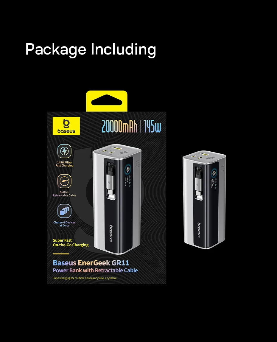 Baseus 20000mAh Power Bank 145W High-Power High-Capacity Fast Charging with Retractable Type-C Cable Digital Display Function