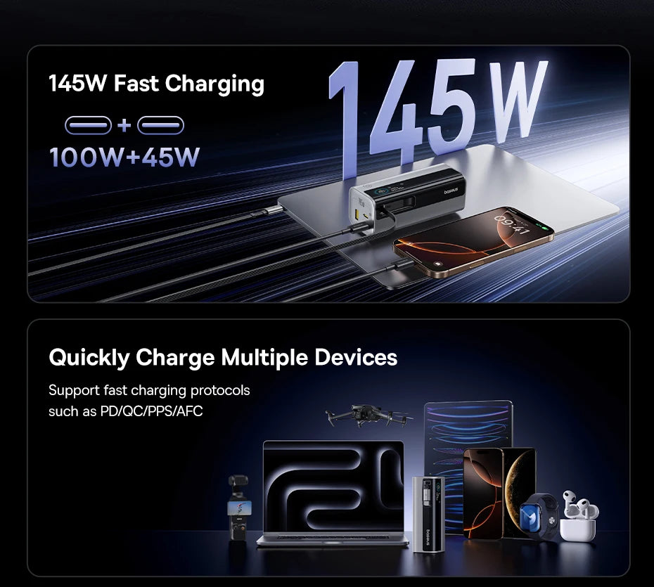 Baseus 20000mAh Power Bank 145W High-Power High-Capacity Fast Charging with Retractable Type-C Cable Digital Display Function