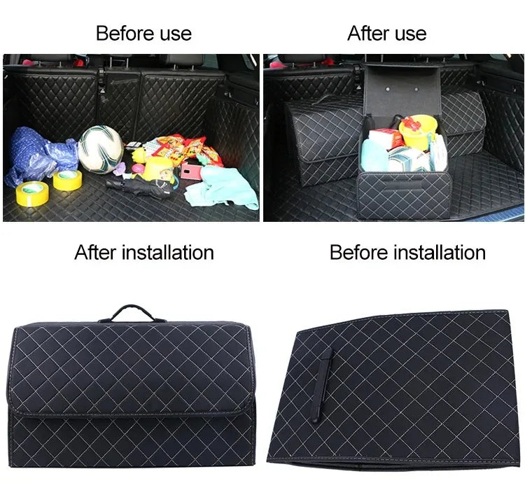 Car Trunk Organizer Box, Large Capacity, Auto Multiuse Tools, Storage Bag, Stowing, Tidying, Leather, Folding for Emergency