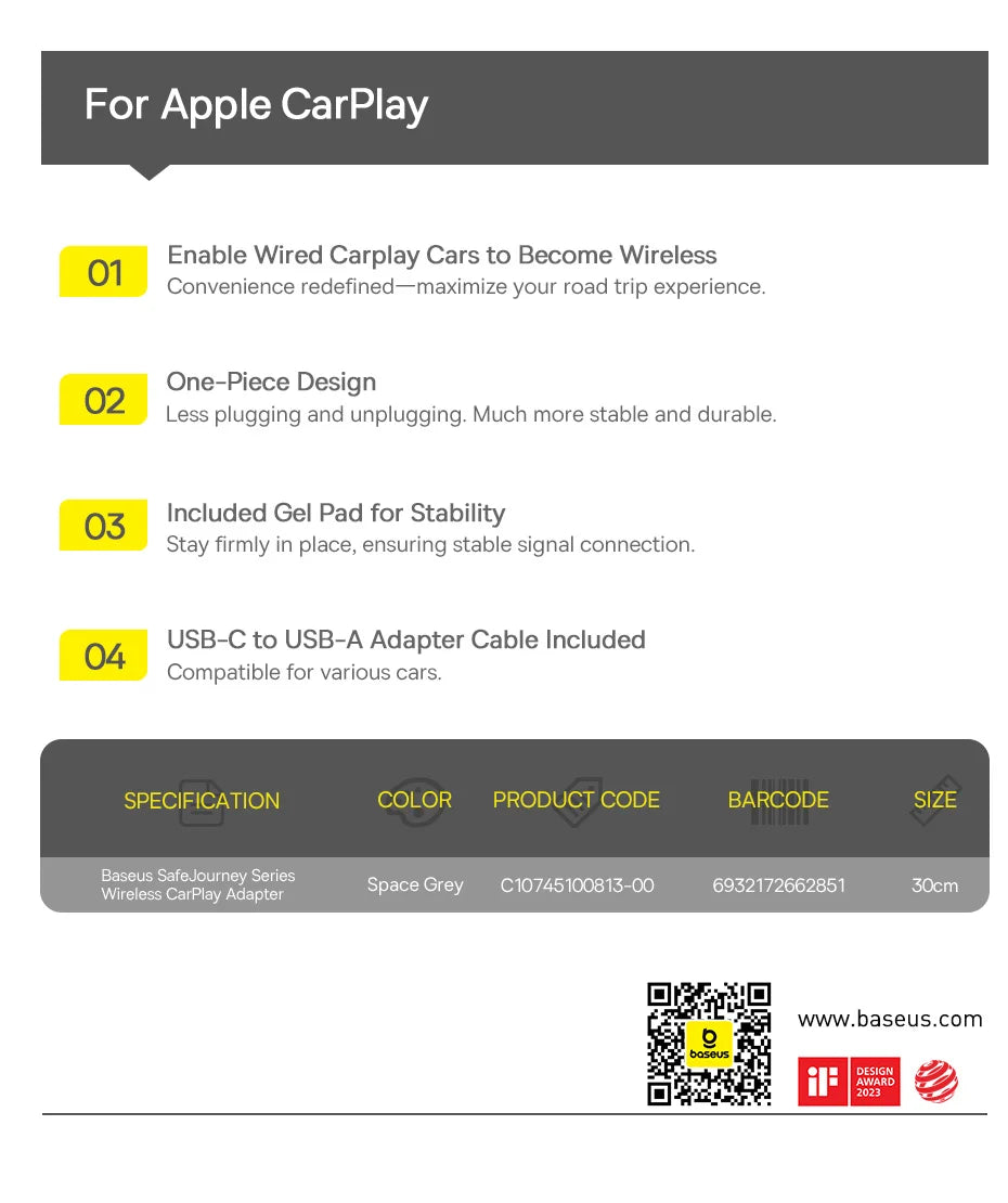 Baseus Wireless CarPlay Wired to Wireless CarPlay Adapter Auto Connect Car Intelligent Systems Plug&Play Bluetooth Smart CarPlay