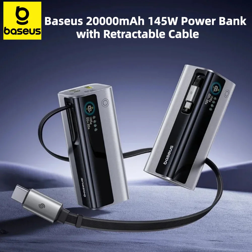 Baseus 20000mAh Power Bank 145W High-Power High-Capacity Fast Charging with Retractable Type-C Cable Digital Display Function
