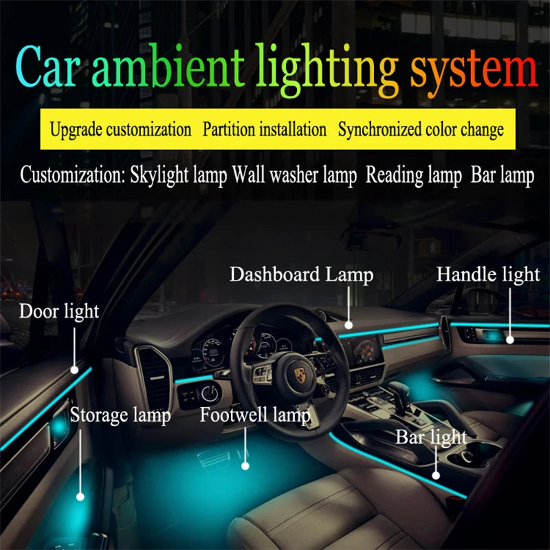 18 in 1 Ambient Light For Car Interior 64 Color Breathe Dashboard Door Decoration LED Strip Lights RGB Bluetooth App Control 12V