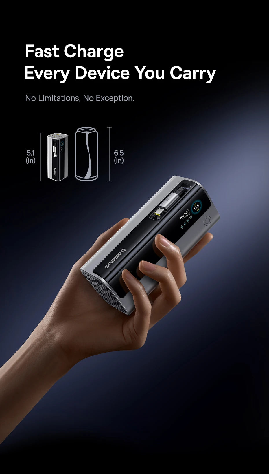 Baseus 20000mAh Power Bank 145W High-Power High-Capacity Fast Charging with Retractable Type-C Cable Digital Display Function