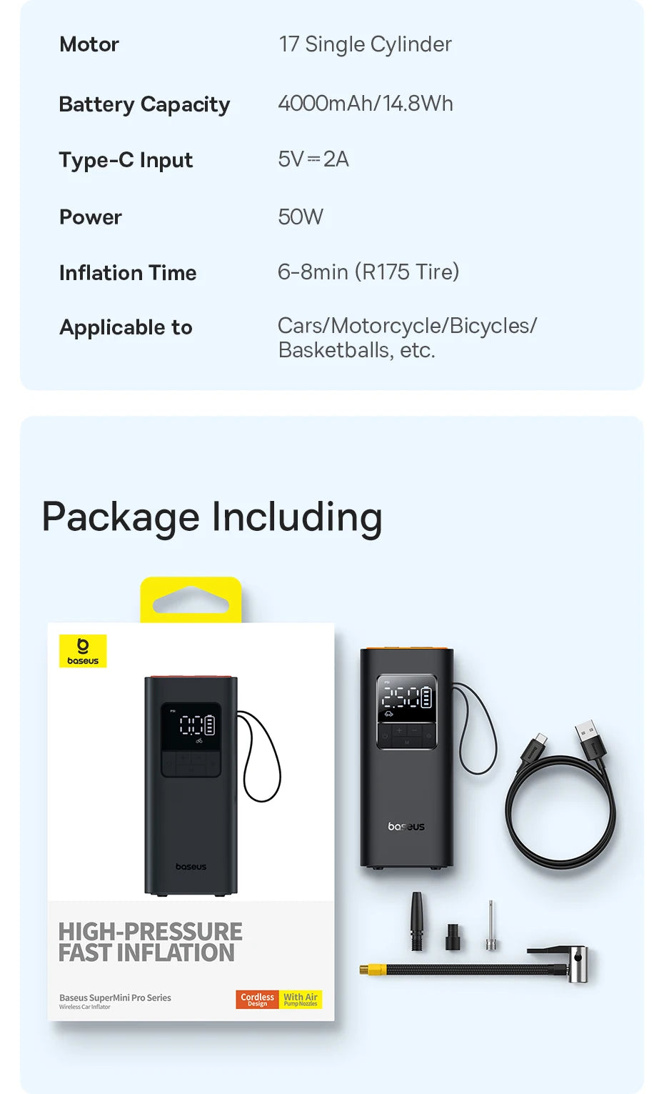 Baseus Car Tire Wireless Air Pump Inflator Poratble Rechargeable Air Compressor For Car Motorcycle Bicycle Electric Air Pump