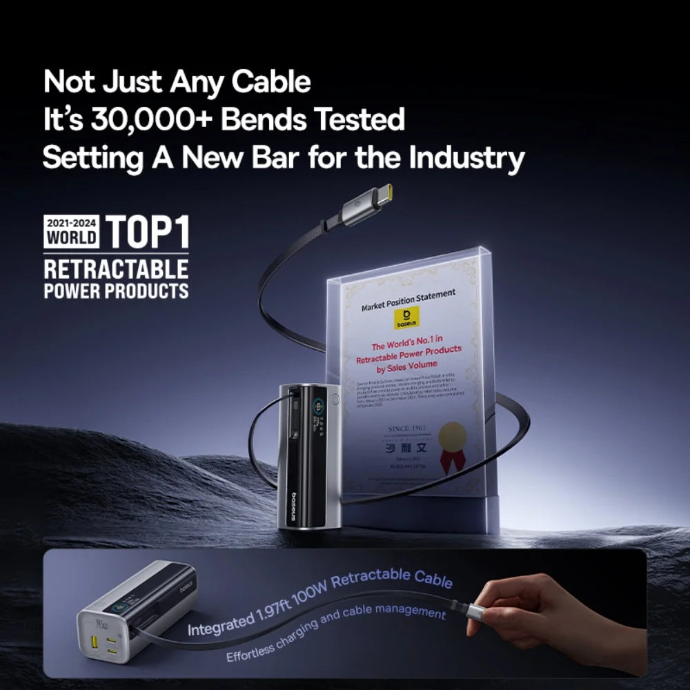 Baseus 20000mAh Power Bank 145W High-Power High-Capacity Fast Charging with Retractable Type-C Cable Digital Display Function