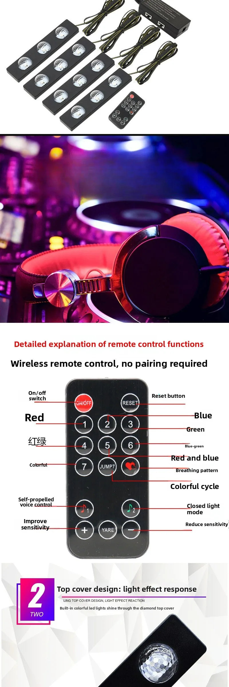 Car Atmosphere Light 4IN1 RGB Car Interior Roof Star Lamp Neon Ambient Light with Remote Control USB Foot Strip Light Decorative