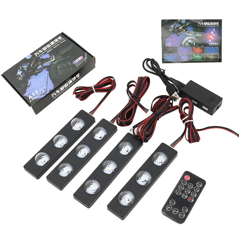 Car Atmosphere Light 4IN1 RGB Car Interior Roof Star Lamp Neon Ambient Light with Remote Control USB Foot Strip Light Decorative