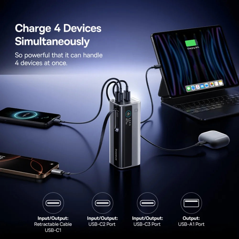 Baseus 20000mAh Power Bank 145W High-Power High-Capacity Fast Charging with Retractable Type-C Cable Digital Display Function