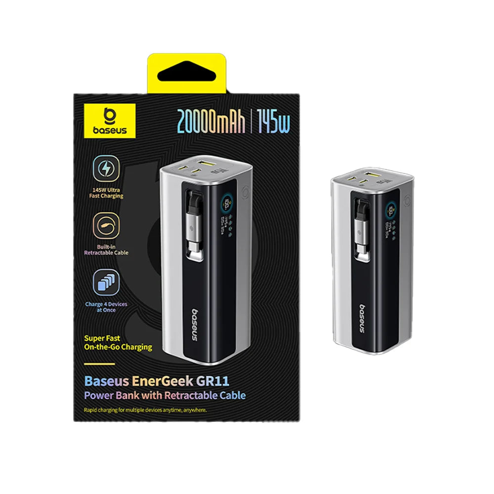 Baseus 20000mAh Power Bank 145W High-Power High-Capacity Fast Charging with Retractable Type-C Cable Digital Display Function