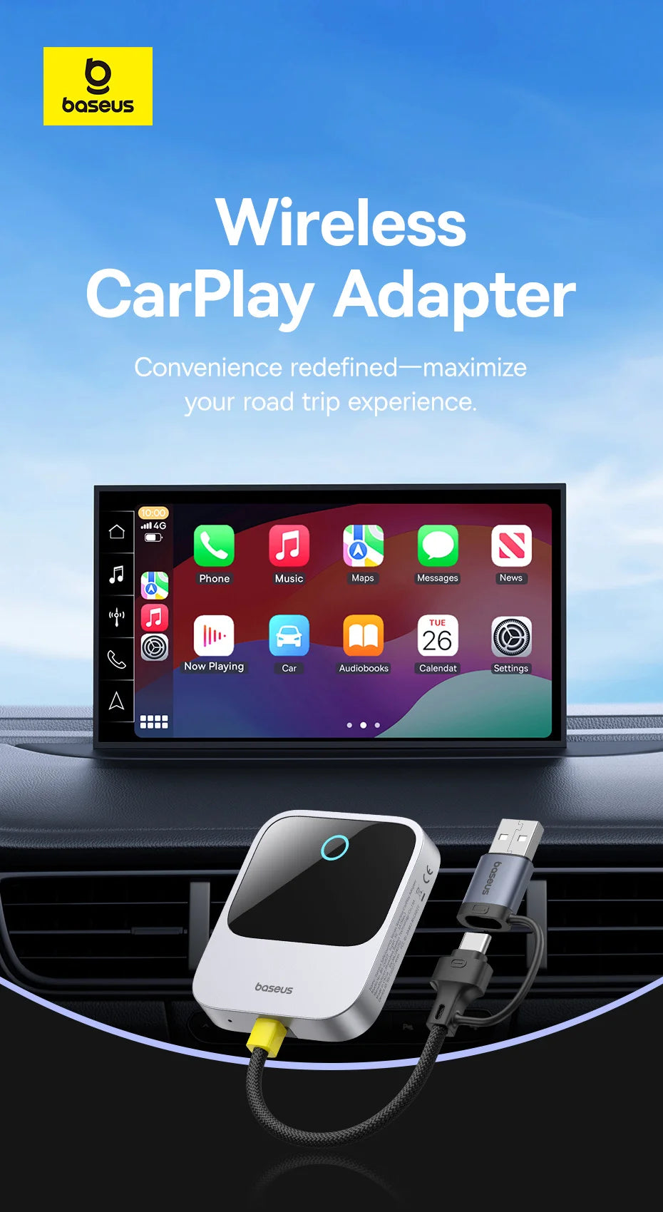 Baseus Wireless CarPlay Wired to Wireless CarPlay Adapter Auto Connect Car Intelligent Systems Plug&Play Bluetooth Smart CarPlay
