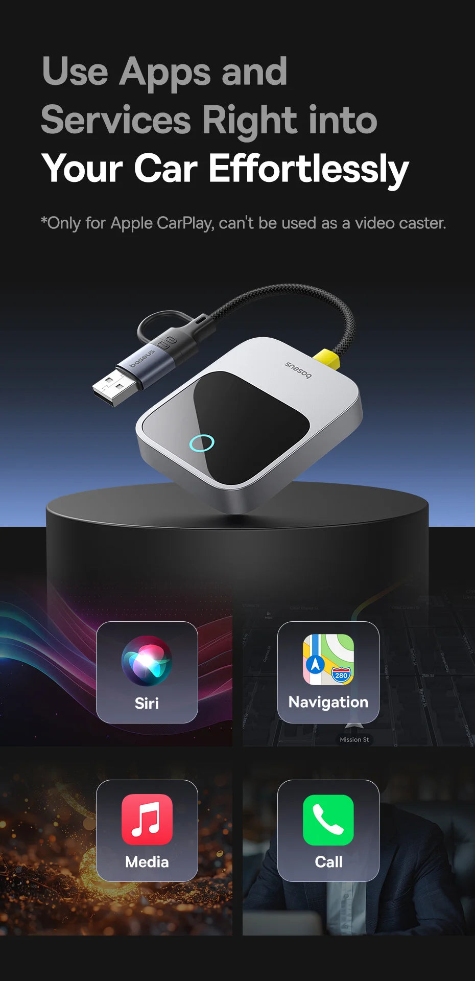 Baseus Wireless CarPlay Wired to Wireless CarPlay Adapter Auto Connect Car Intelligent Systems Plug&Play Bluetooth Smart CarPlay