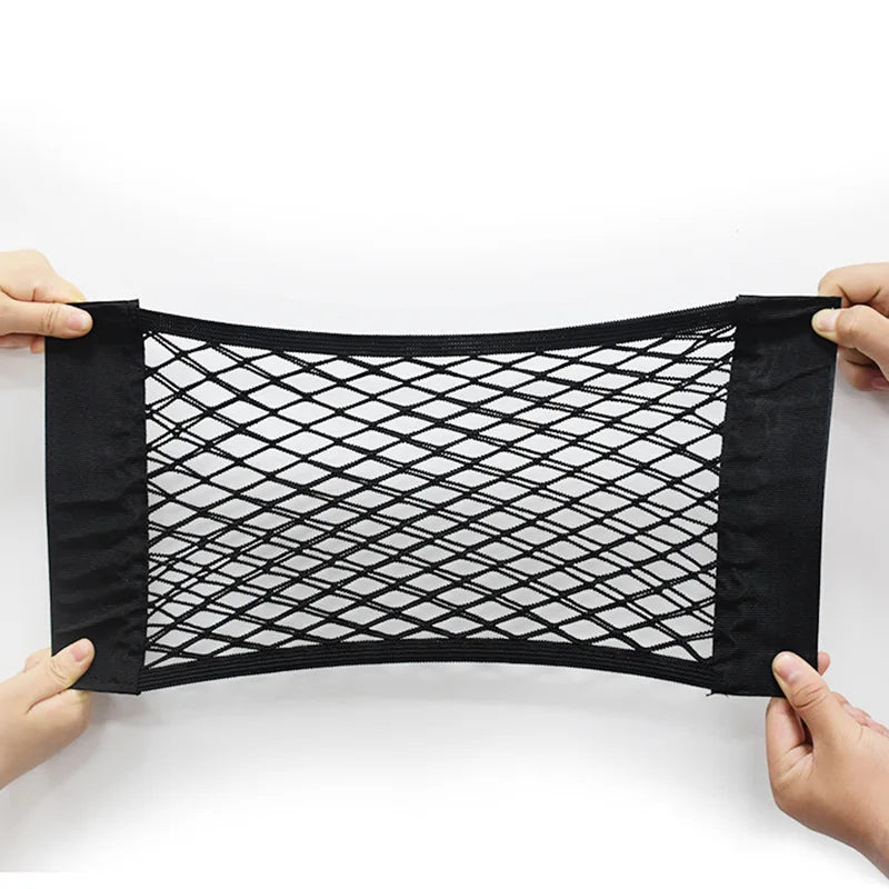 Car Seat Back Organizer Trunk Net Mesh Pocket Elastic String Net Magic Sticker Universal Portable Storage Bag Car Accessories