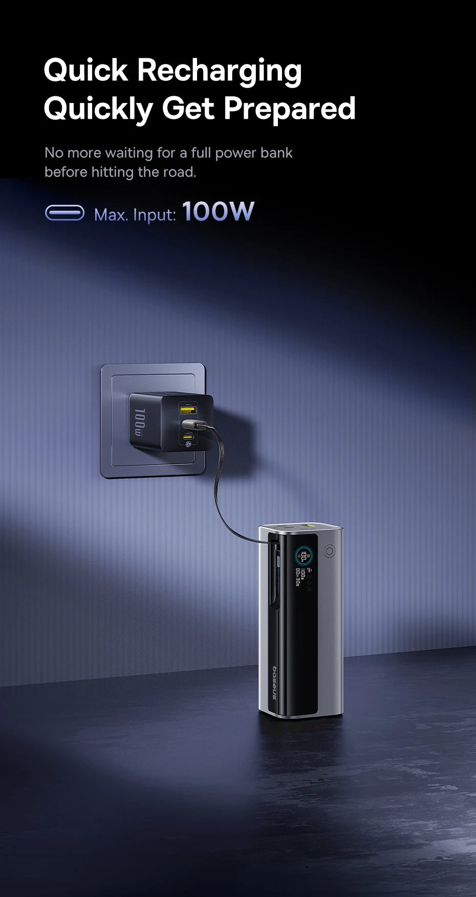 Baseus 20000mAh Power Bank 145W High-Power High-Capacity Fast Charging with Retractable Type-C Cable Digital Display Function