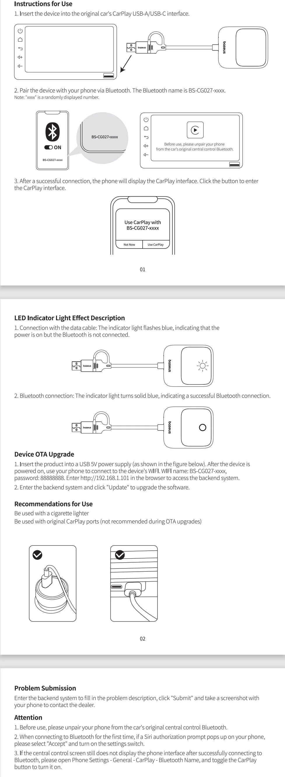 Baseus Wireless CarPlay Wired to Wireless CarPlay Adapter Auto Connect Car Intelligent Systems Plug&Play Bluetooth Smart CarPlay