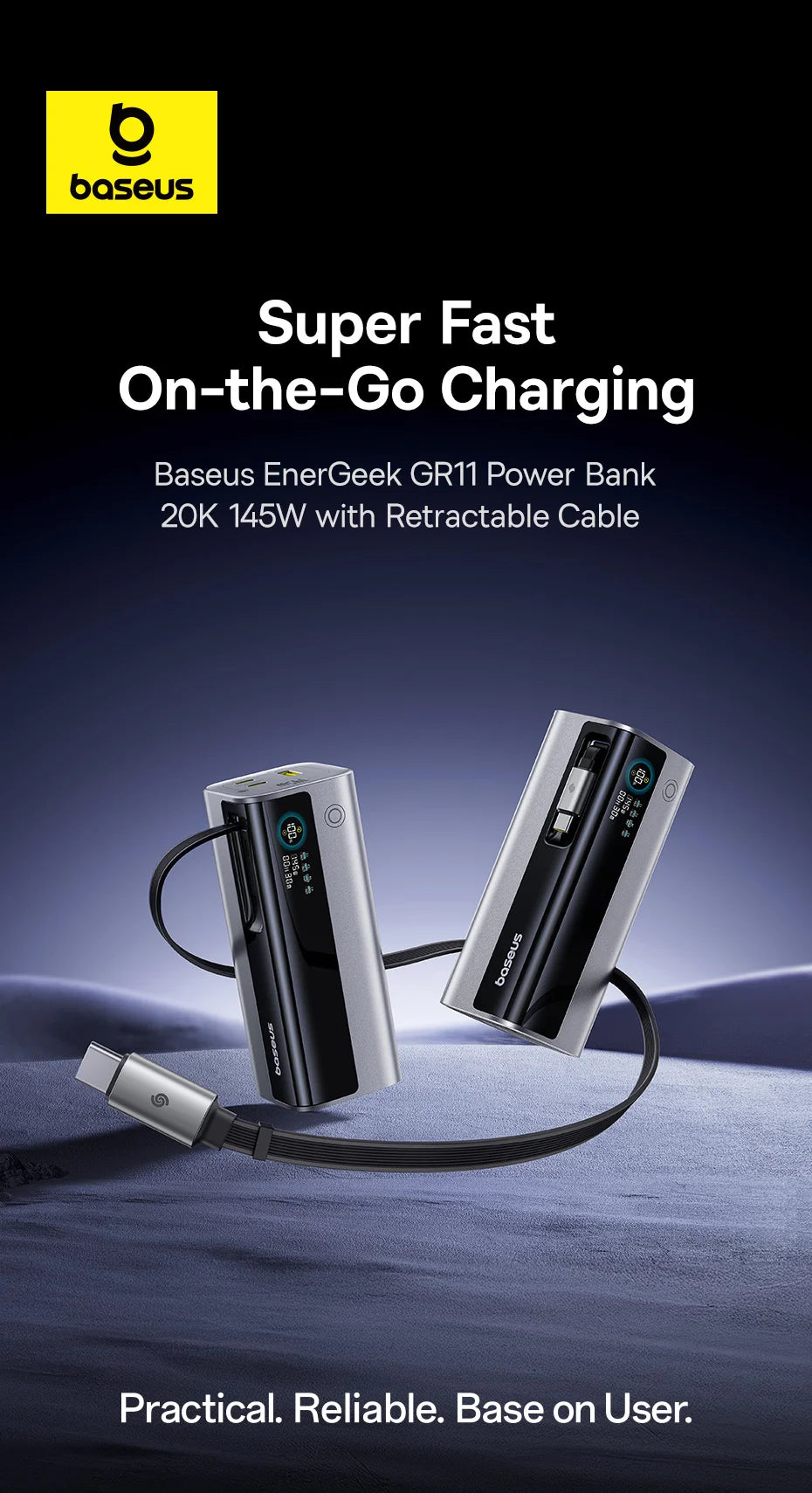 Baseus 20000mAh Power Bank 145W High-Power High-Capacity Fast Charging with Retractable Type-C Cable Digital Display Function