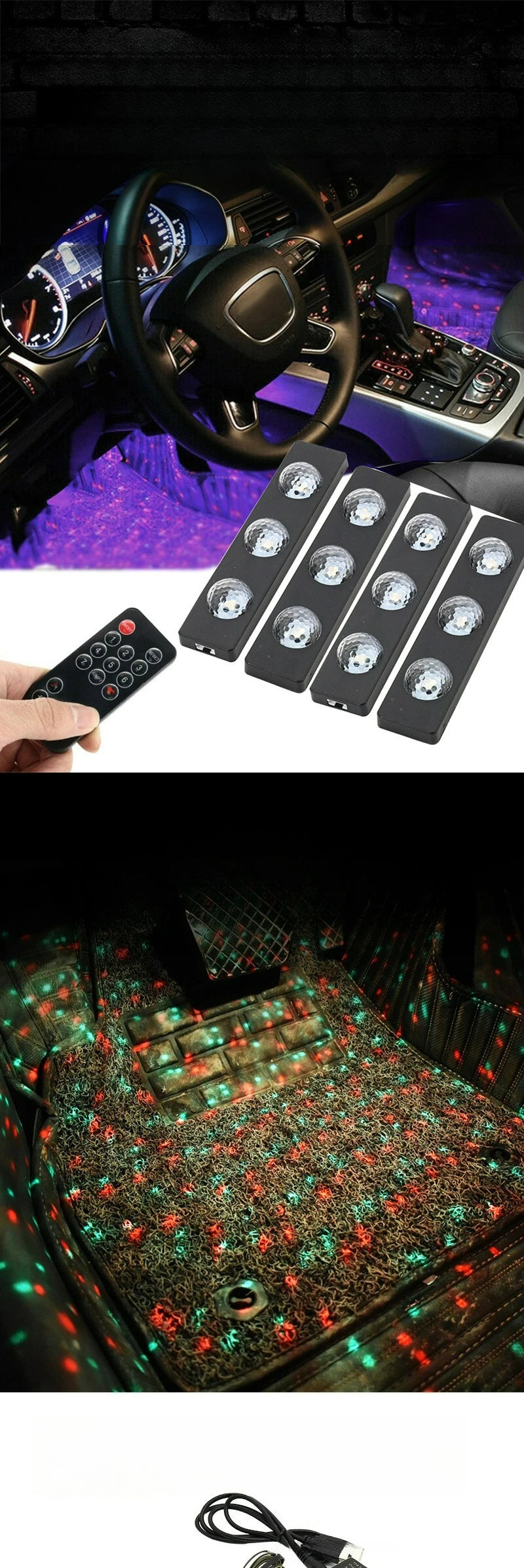 Car Atmosphere Light 4IN1 RGB Car Interior Roof Star Lamp Neon Ambient Light with Remote Control USB Foot Strip Light Decorative