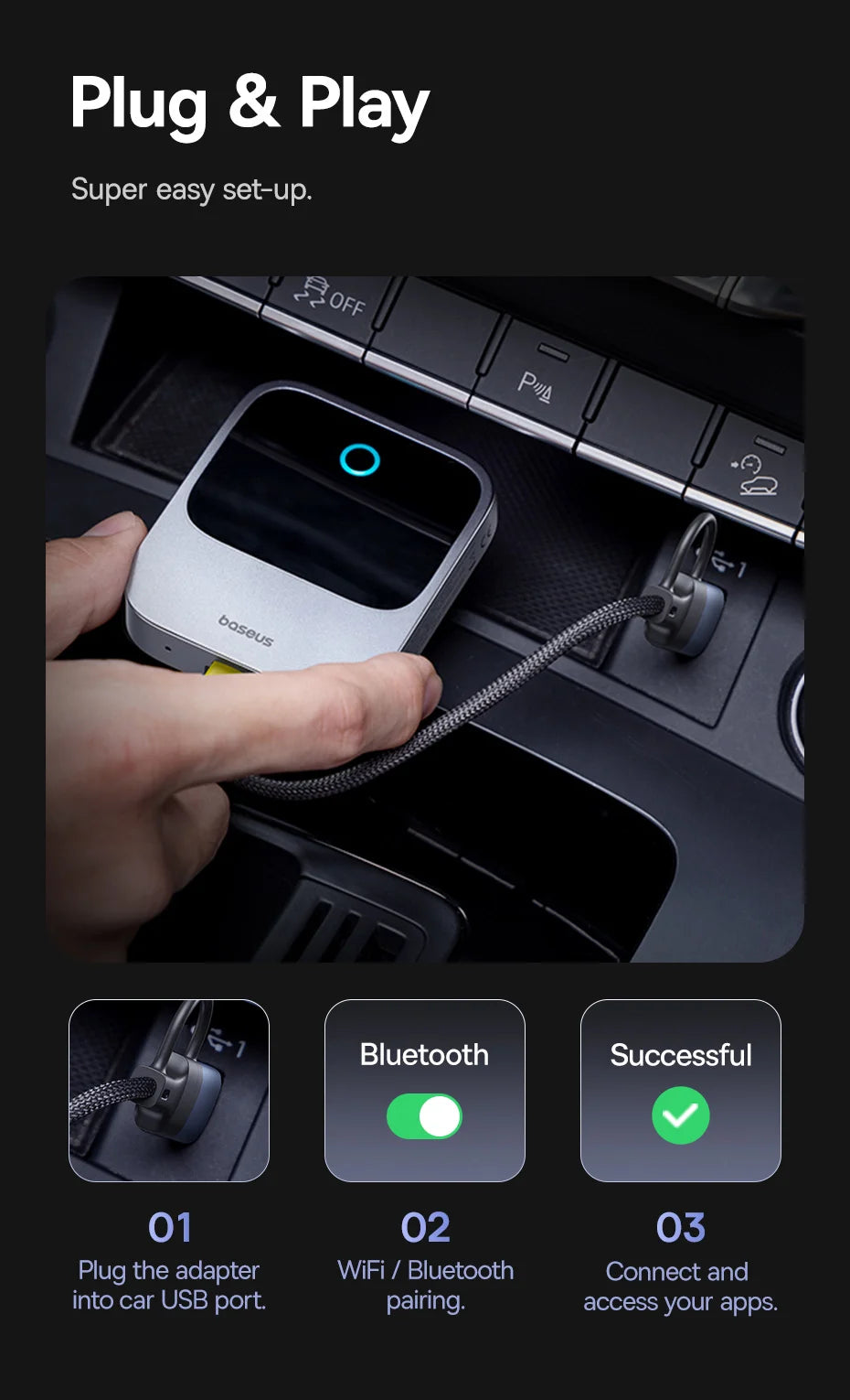 Baseus Wireless CarPlay Wired to Wireless CarPlay Adapter Auto Connect Car Intelligent Systems Plug&Play Bluetooth Smart CarPlay