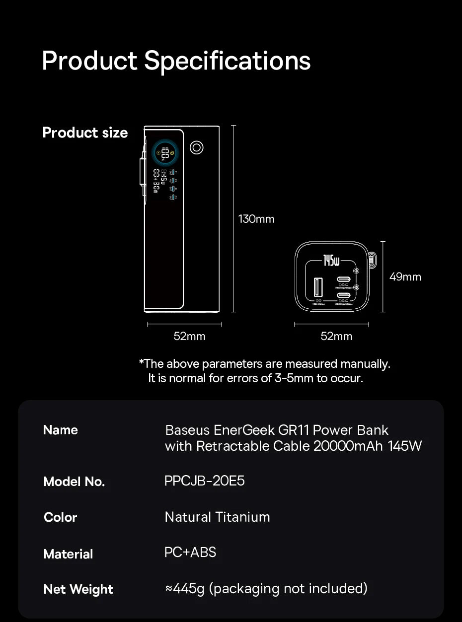 Baseus 20000mAh Power Bank 145W High-Power High-Capacity Fast Charging with Retractable Type-C Cable Digital Display Function
